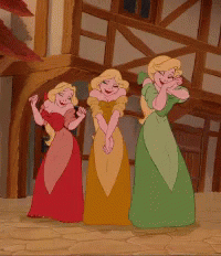 A Cartoon Of Three Women In Dresses Standing Next To Each Other GIF