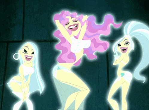 A Cartoon Of Three Women With Glowing Hair Dancing GIF
