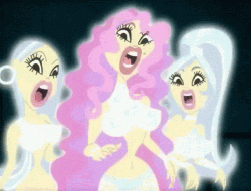 A Cartoon Of Three Women With Pink Hair Singing GIF
