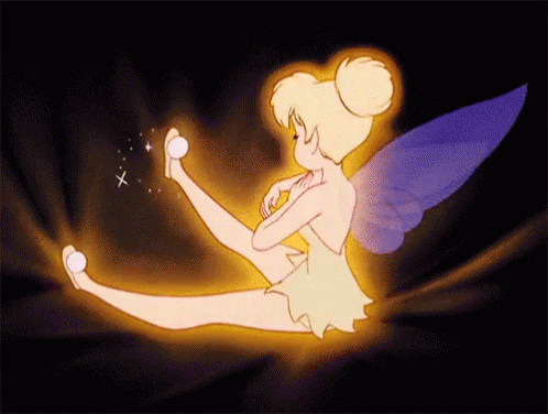 A Cartoon Of Tinkerbell Sitting On The Ground With A Light Coming Out Of Her Feet GIF
