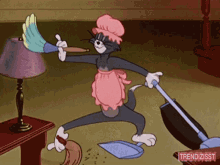 A Cartoon Of Tom And Jerry Cleaning With A Broom GIF