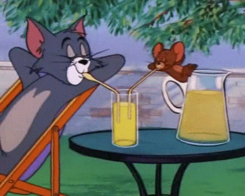 A Cartoon Of Tom And Jerry Drinking Orange Juice Through Straws GIF