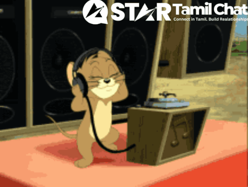 A Cartoon Of Tom And Jerry Listening To Music With A Star Tamil Chat Logo GIF