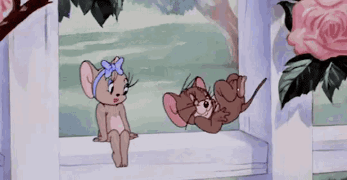 A Cartoon Of Tom And Jerry Sitting On A Window Sill Talking To Each Other . GIF