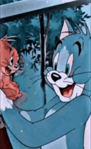 A Cartoon Of Tom And Jerry Standing Next To Each Other And Smiling GIF