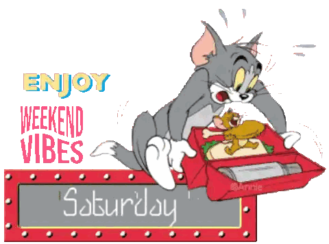a cartoon of tom and jerry with the words enjoy weekend vibes saturday below them