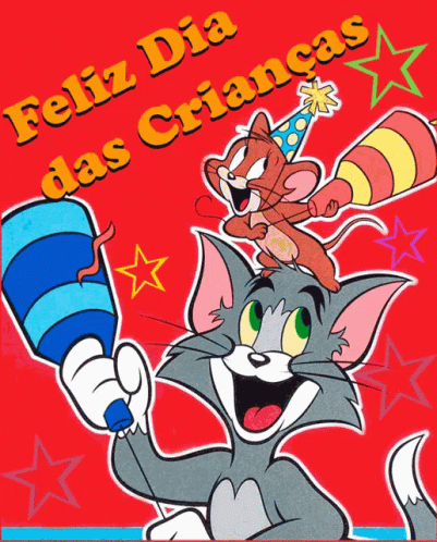 A Cartoon Of Tom And Jerry With The Words Feliz Dia Das Criancas Above Them GIF