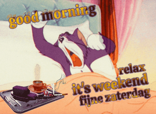 A Cartoon Of Tom And Jerry With The Words Good Morning Relax It 'S Weekend Fijne Zaterdag GIF