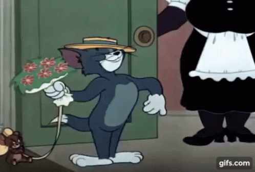 A Cartoon Of Tom Holding A Bouquet Of Flowers While Standing Next To A Maid . GIF