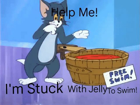 A Cartoon Of Tom Standing Next To A Bucket Of Jelly To Swim GIF
