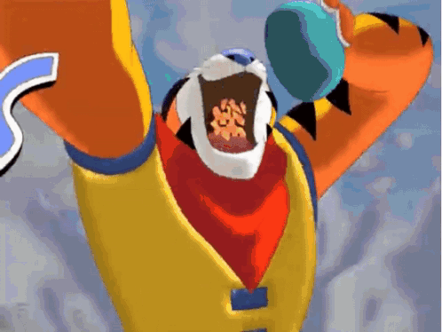 A Cartoon Of Tony The Tiger Holding A Bowl Of Cereal In His Mouth GIF