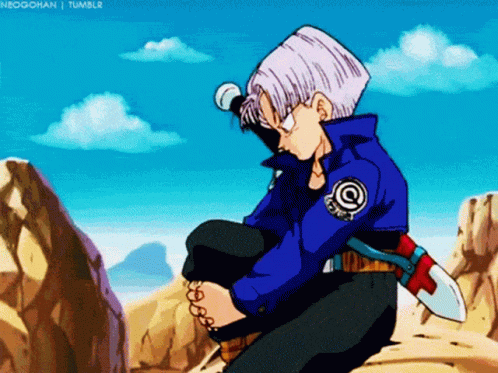 A Cartoon Of Trunks From Dragon Ball Z Is Holding A Microphone GIF