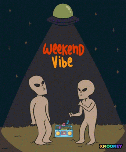 A Cartoon Of Two Aliens Standing Next To A Boombox With The Words Weekend Vibe Above Them GIF