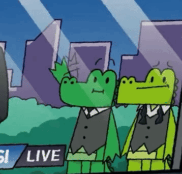 A Cartoon Of Two Alligators Standing In Front Of A Sign That Says " Live " GIF