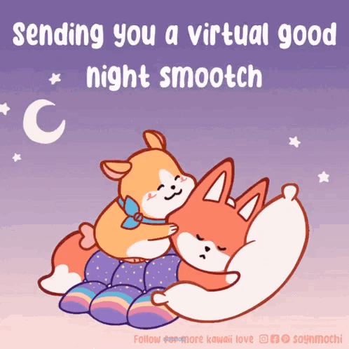 A Cartoon Of Two Animals Hugging Each Other With The Words Sending You A Virtual Good Night Smootch Below Them GIF