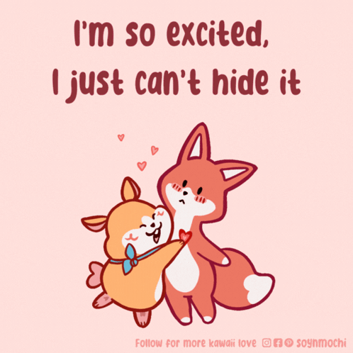 A Cartoon Of Two Animals Hugging With The Words I 'M So Excited GIF