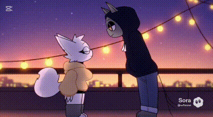 A Cartoon Of Two Animals Standing Next To Each Other On A Balcony . GIF