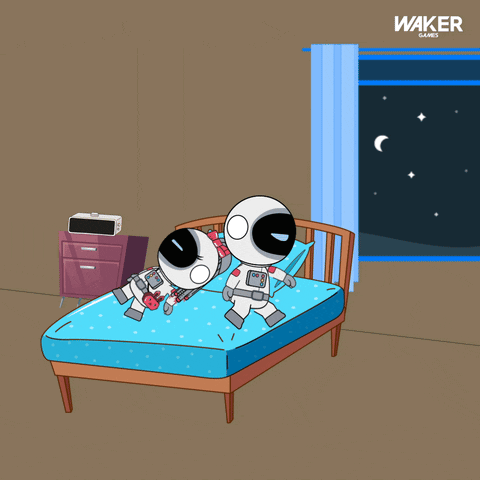 A Cartoon Of Two Astronauts Sitting On A Bed With A Waker Game In The Background GIF