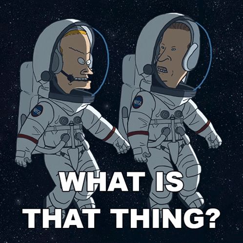A Cartoon Of Two Astronauts With The Words " What Is That Thing " Below Them GIF