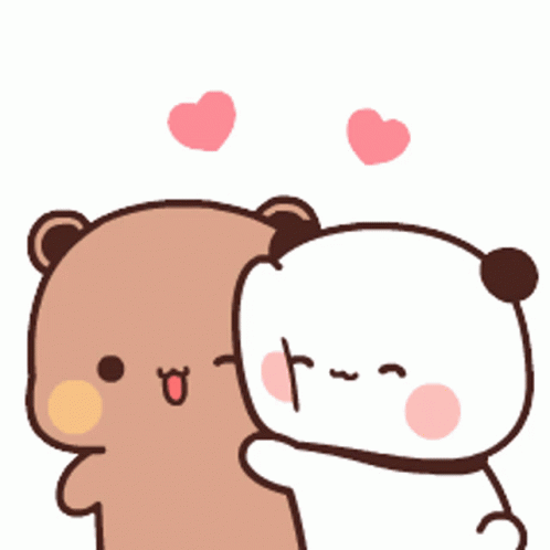 A Cartoon Of Two Bears Hugging Each Other With Hearts In The Background GIF