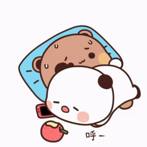 A Cartoon Of Two Bears Laying Next To Each Other On A Bed GIF