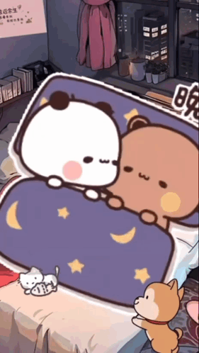 A Cartoon Of Two Bears Laying On A Bed With A Sign That Says ' 晚 ' On It GIF