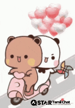 A Cartoon Of Two Bears Riding A Pink Scooter With Balloons Behind Them GIF
