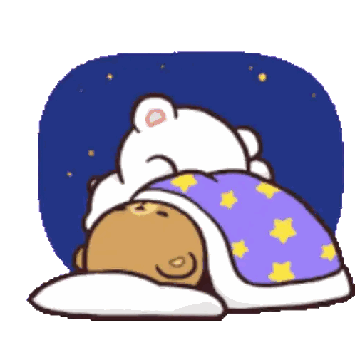 a cartoon of two bears sleeping under a purple blanket with yellow stars