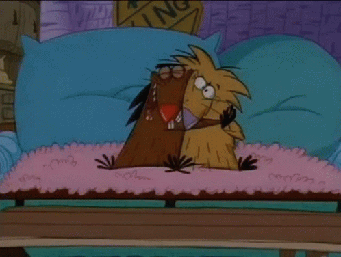 a cartoon of two beavers sitting on a couch with a sign that says n on it