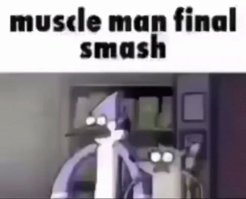 A Cartoon Of Two Birds Standing Next To Each Other With The Words `` Muscle Man Final Smash '' Written Above Them . GIF