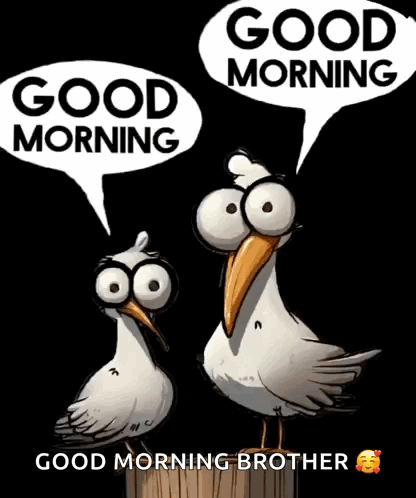 A Cartoon Of Two Birds With Big Eyes Saying Good Morning GIF