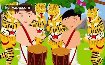 a cartoon of two boys playing drums in front of a tiger costume .