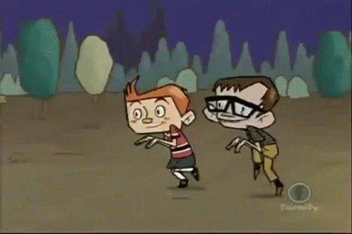 A Cartoon Of Two Boys Running In A Cemetery With The Word Family In The Corner GIF