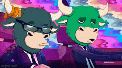A Cartoon Of Two Bulls Wearing Suits And Sunglasses With The Words Adult Swim Below Them GIF