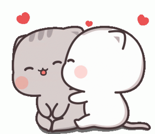 A Cartoon Of Two Cats Hugging Each Other With Hearts Floating Above Them GIF