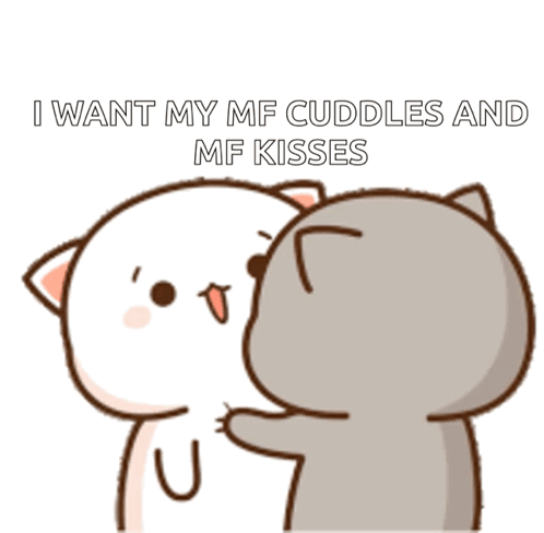 a cartoon of two cats hugging each other with the words i want my mf cuddles and mf kisses