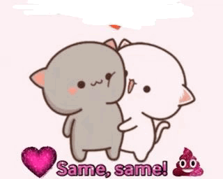A Cartoon Of Two Cats Hugging Each Other With The Words `` Same , Same ! '' . GIF
