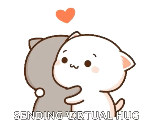A Cartoon Of Two Cats Hugging Each Other With The Words `` Sending Ddtual Hug '' Below Them GIF