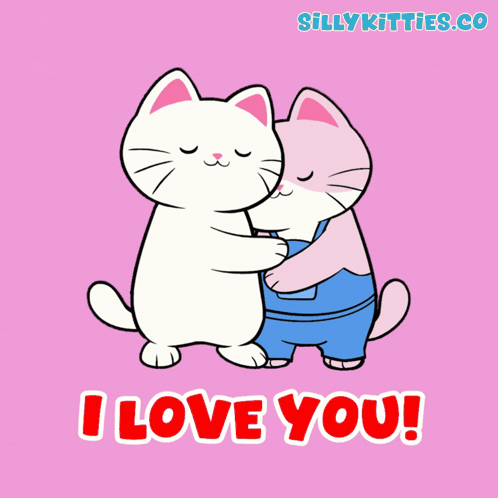 A Cartoon Of Two Cats Hugging With The Words " I Love You " GIF