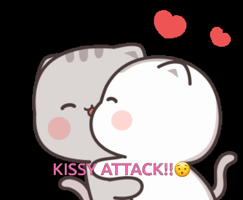 A Cartoon Of Two Cats Kissing With The Words Kissy Attack Written Below Them GIF