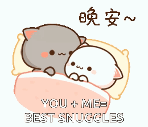 A Cartoon Of Two Cats Laying In Bed With The Words " You + Me = Best Snuggles " On The Bottom GIF