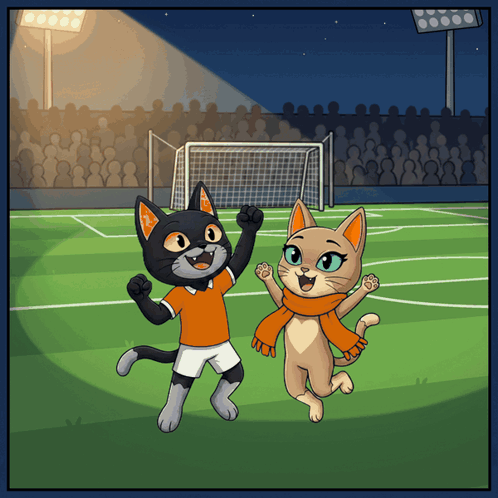 a cartoon of two cats on a soccer field with one wearing an orange scarf