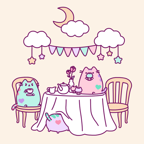 A Cartoon Of Two Cats Sitting At A Table With Cupcakes GIF