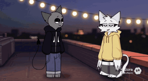 A Cartoon Of Two Cats Standing Next To Each Other With Sora Software On The Bottom Left GIF