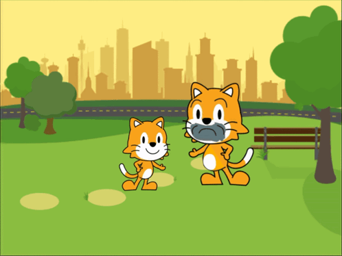 A Cartoon Of Two Cats Walking In A Park GIF