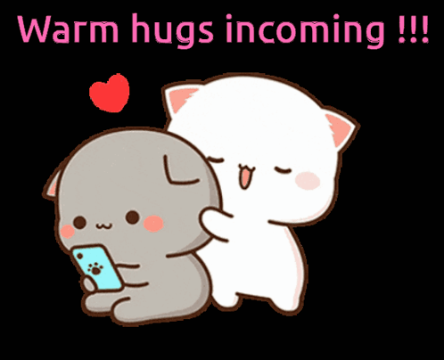 A Cartoon Of Two Cats With The Words Warm Hugs Incoming !!! GIF