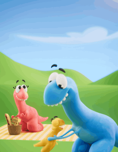 a cartoon of two dinosaurs having a picnic with a basket of food