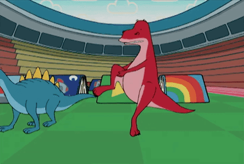 A Cartoon Of Two Dinosaurs Standing In A Stadium With A Rainbow In The Background GIF