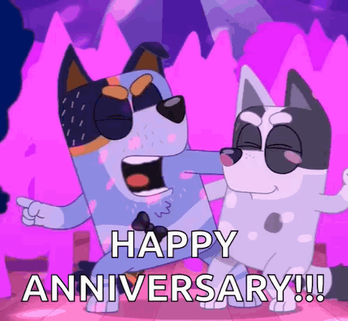 A Cartoon Of Two Dogs Dancing With The Words Happy Anniversary !!! GIF