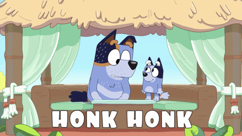 A Cartoon Of Two Dogs Sitting Under A Canopy With Honk Honk Written Below Them GIF